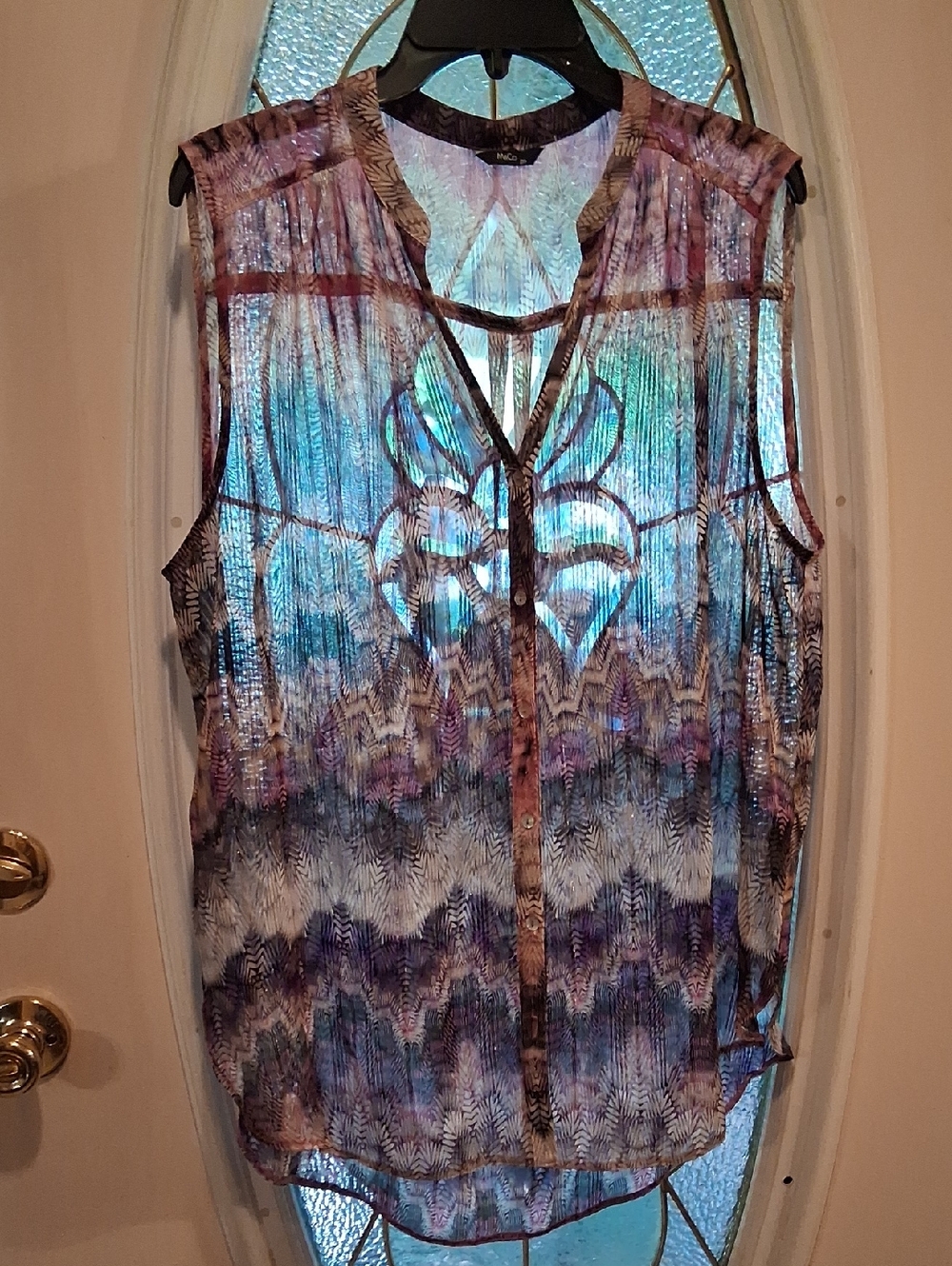 Sleeveless Sheer Button-Front Blouse in Purple Multi